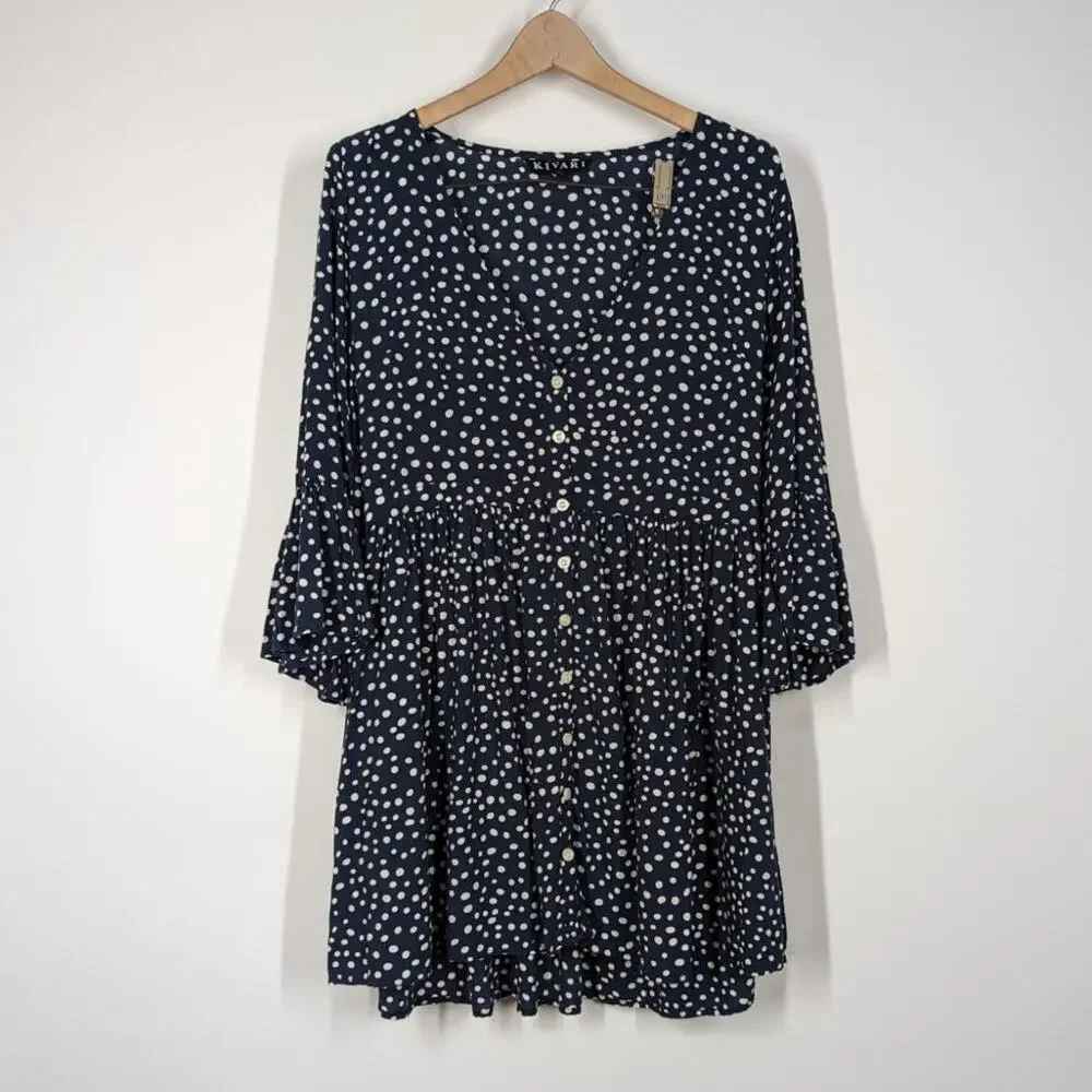 Kivari Mahala V-Neck Button Front Mini Dress Blue Polka Dot Bell Sleeves XS - Picture 3 of 9